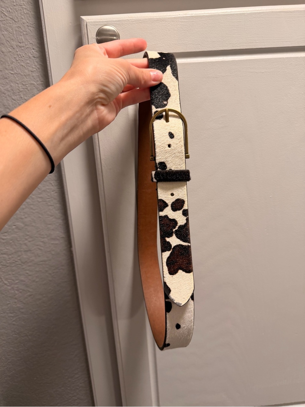 Lucky Brand Cowhide-Print Leather Belt in White and Brown